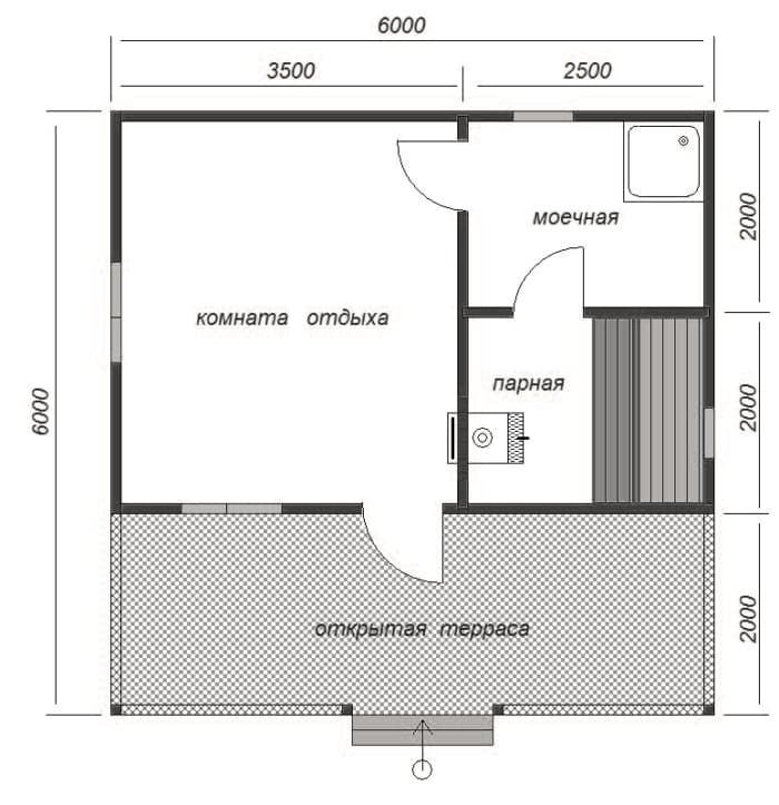 Планировка бани 6х6 с комнатой отдыха и туалетом фото