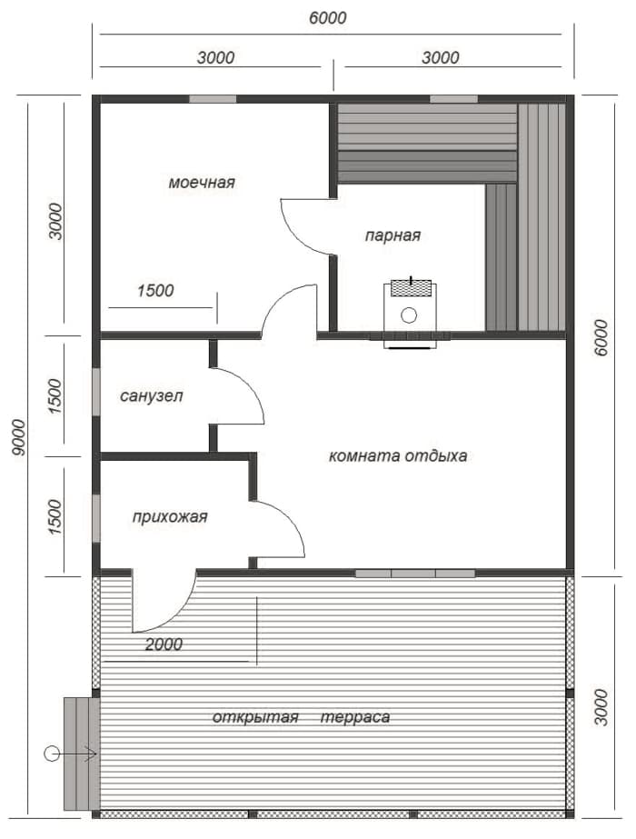 План бани 6 на 6 с террасой